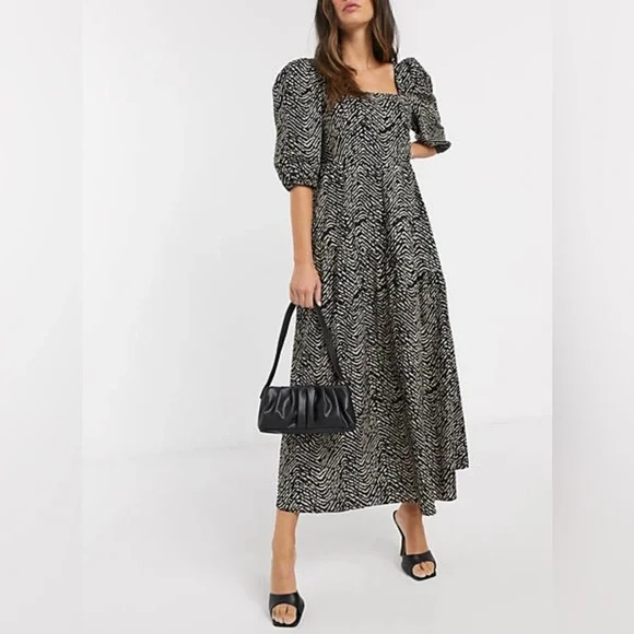 ♦️SOLD♦️ Mango Puff Sleeve Midi Dress Abstract Animal Print Black & Tan Size 10 - Picture 1 of 13